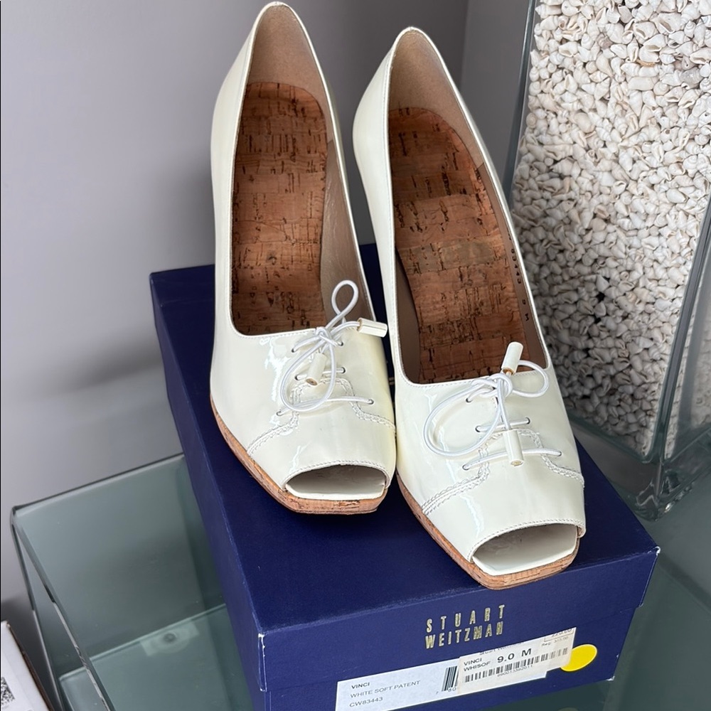 Stuart Weitzman Cream Heels with Peep-Toe Design